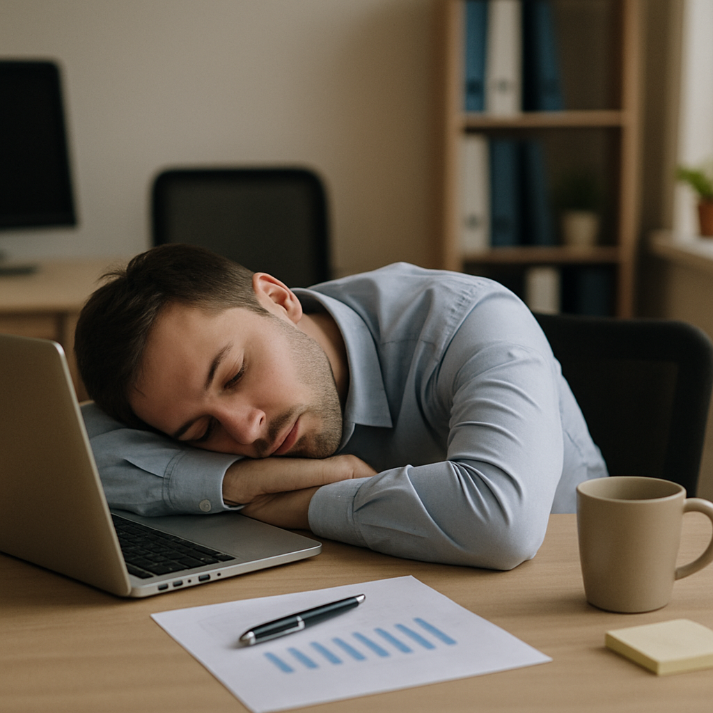 Person struggling to stay awake at a desk, showing signs of narcolepsy.