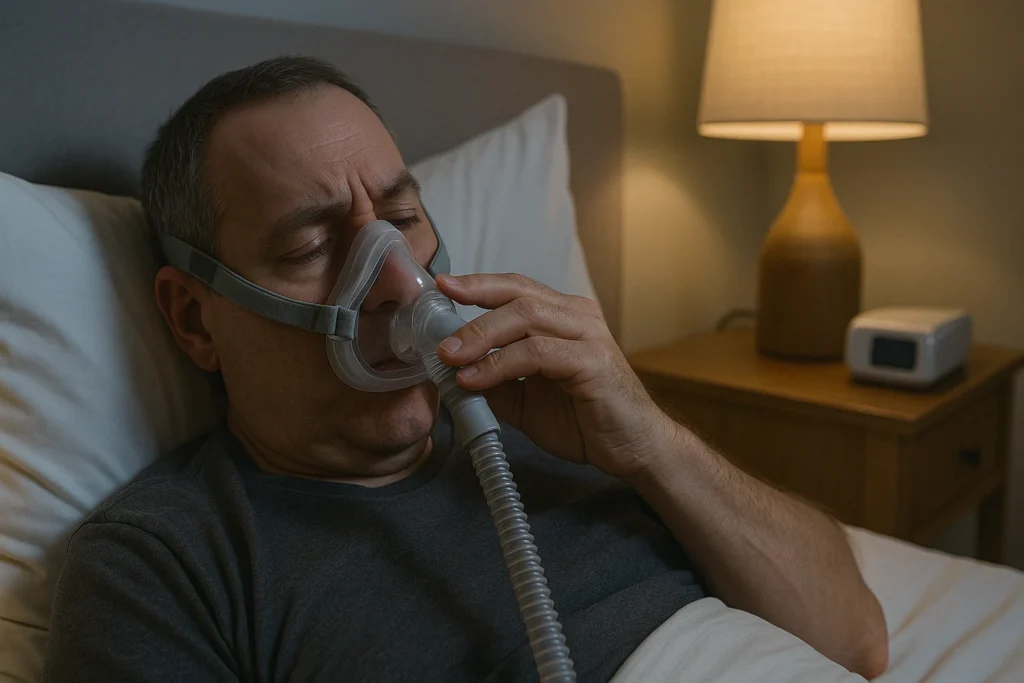 Man wearing a CPAP mask adjusting the fit while lying in bed.