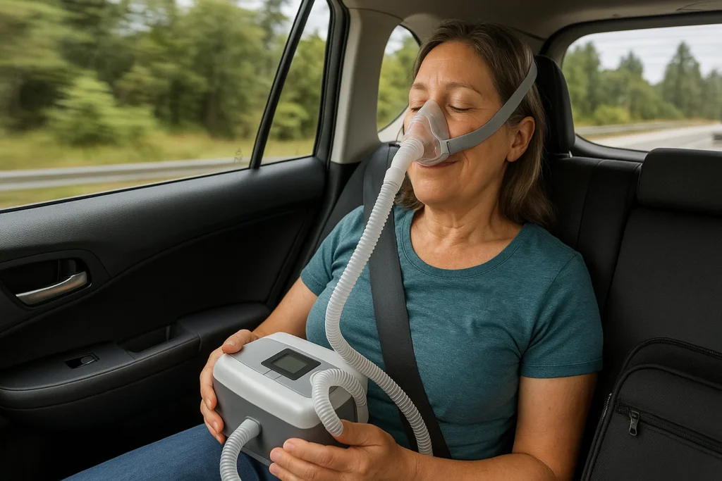 Traveler on a road trip wearing a CPAP mask inside a vehicle.